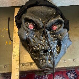 Black Grim Reaper Skull Mask Red Light Up Eyes Halloween Costume Accessory Hood